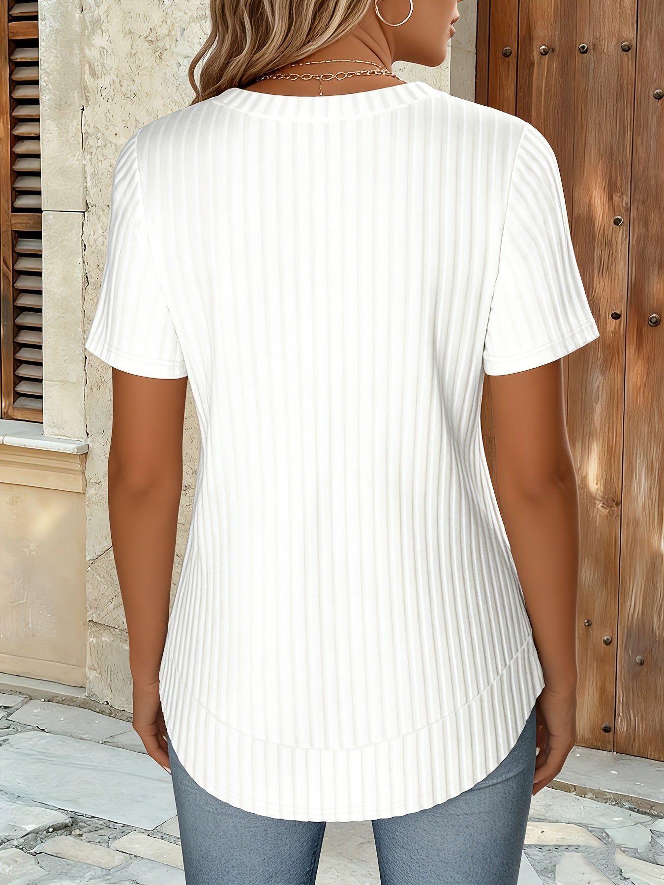 UJX Women's Elegant Asymmetrical Hem T-Shirt - Round Neck Short Sleeve Blouse Top with Medium Stretch Rib- Fabric, Solid Color Casual Shirt Suitable for - Wear, Machine Washable Regular Fit Round Neck Tee   OAXG White / S