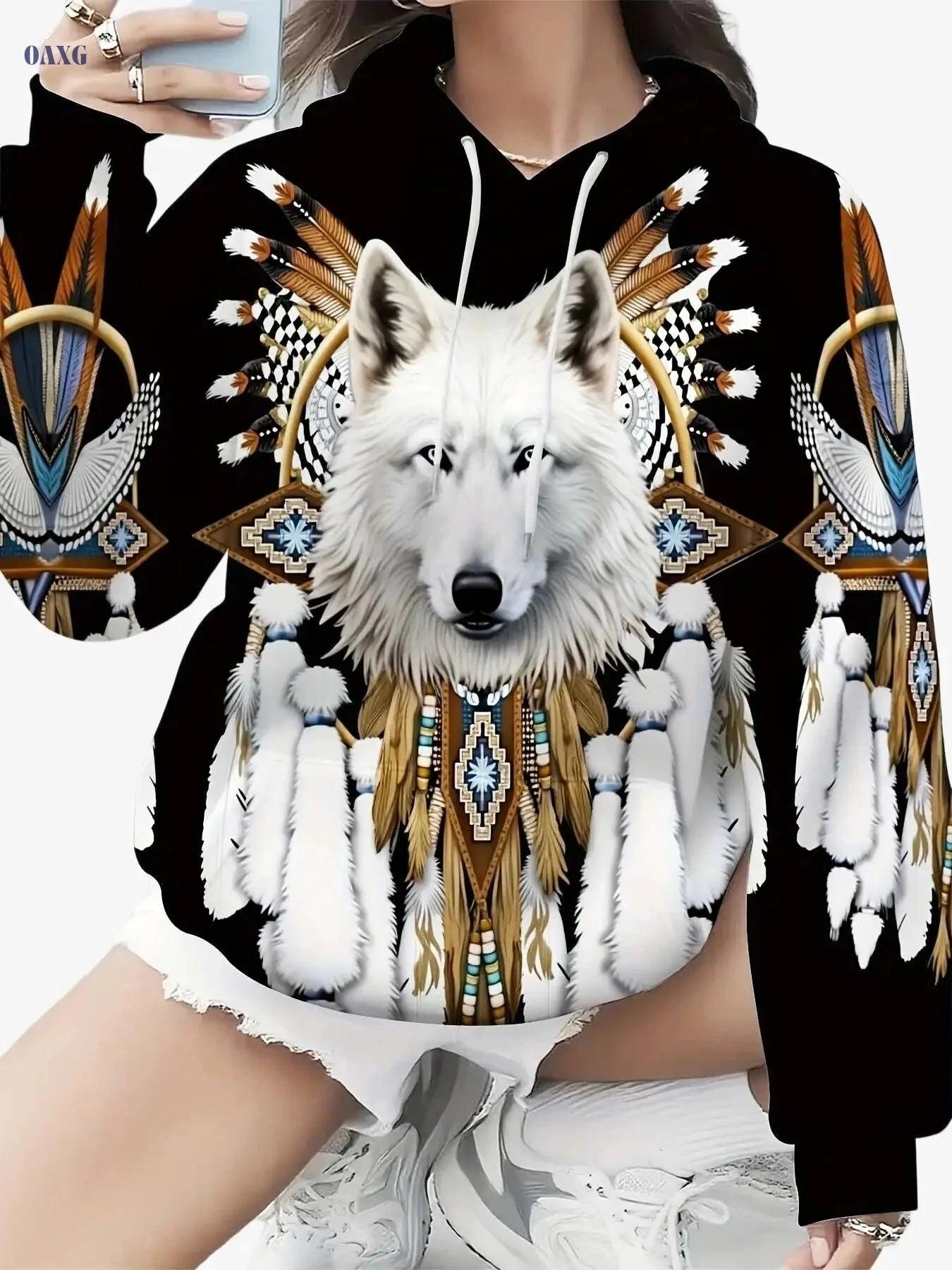 Unisex Wolf & Native American Print Hoodie - All-Season Pullover   OAXG 