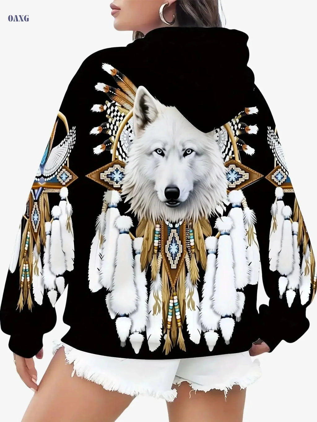 Unisex Wolf & Native American Print Hoodie - All-Season Pullover   OAXG 【Multicolor】 / S