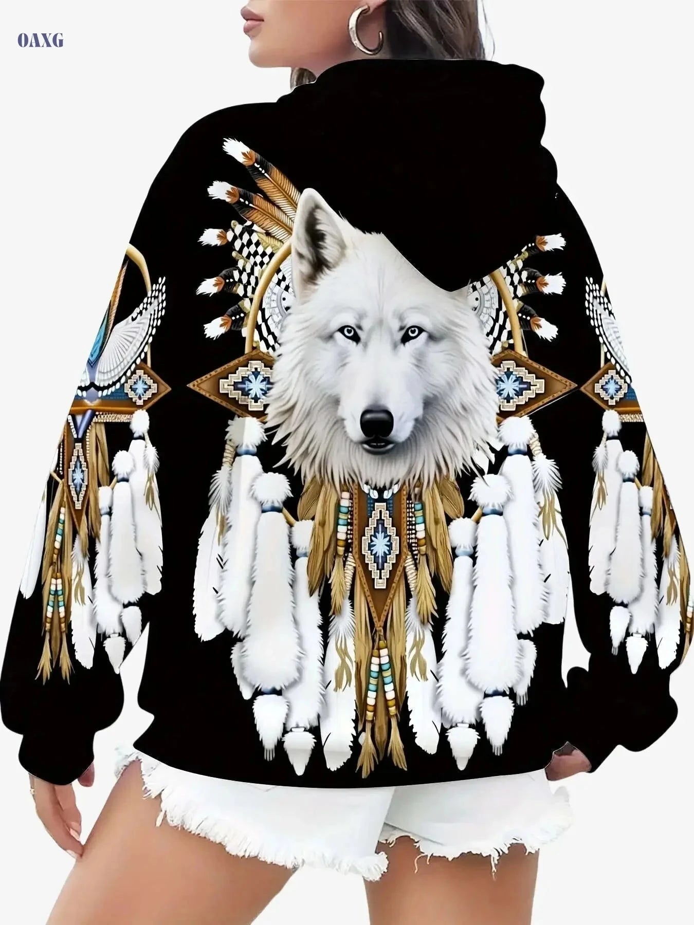 Unisex Wolf & Native American Print Hoodie - All-Season Pullover   OAXG 【Multicolor】 / S