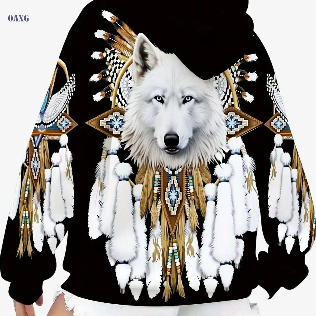 Unisex Wolf & Native American Print Hoodie - All-Season Pullover   OAXG 【Multicolor】 / S
