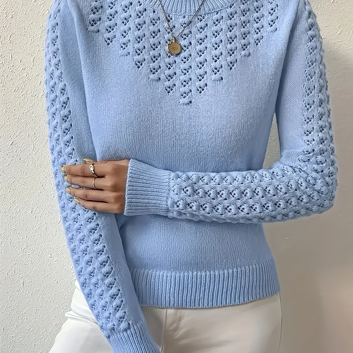 Unlock The Code to a Sweet Temperament! Light Blue Round Neck Shirt with Unique Hollow Design on The Shoulders And Sleeves, Combining Fashion And. The Soft Fabric Brings Intimate Care, Making It an Excellent Item for Creating a Romantic Spring