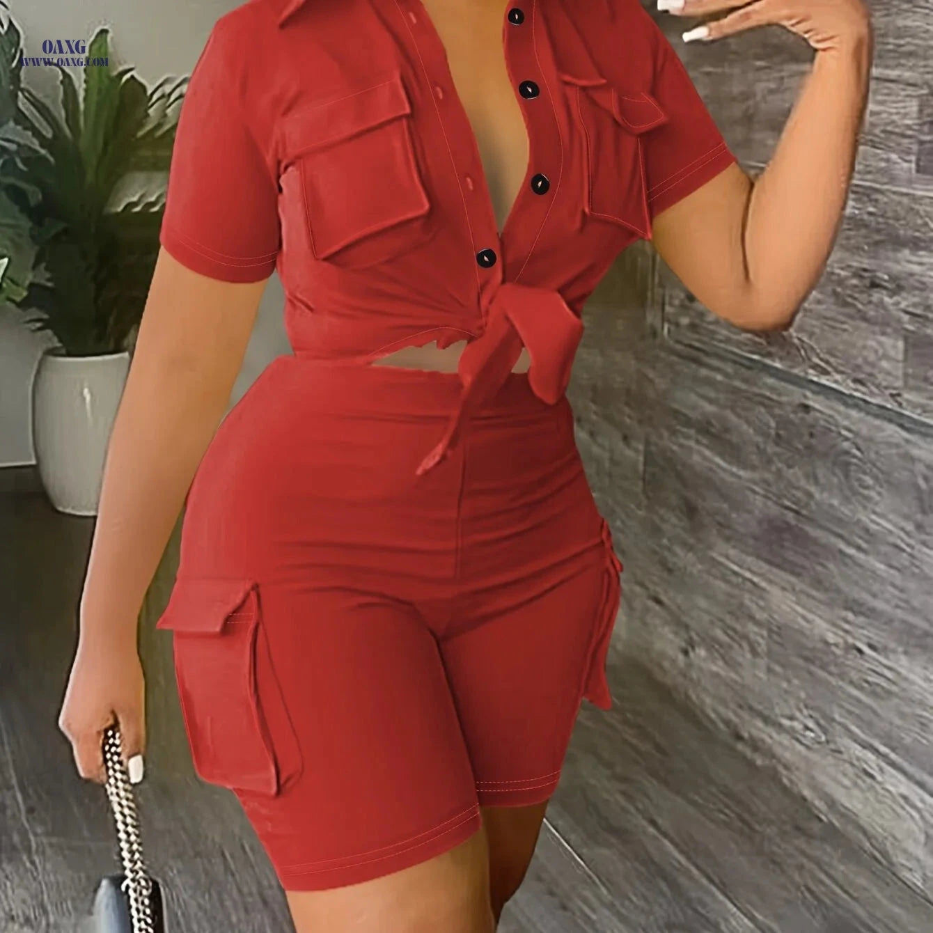 Urban Style Women's Short-Sleeve Shirt & Solid Color Shorts Set   OAXG 