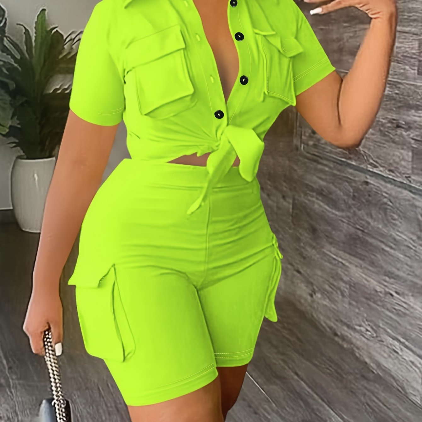 Urban Style Women's Short-Sleeve Shirt & Solid Color Shorts Set   OAXG 