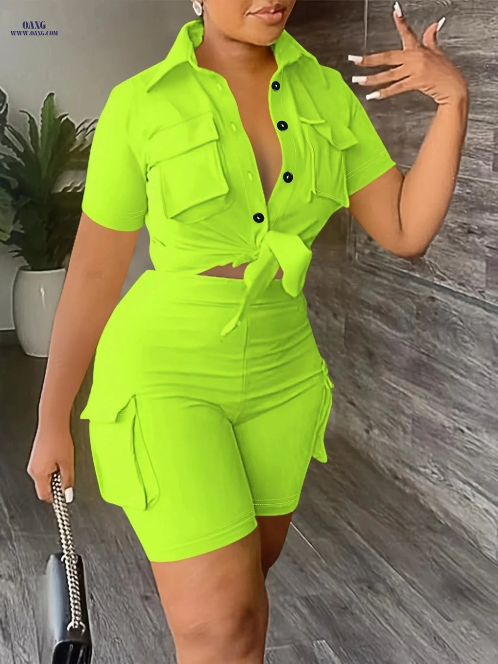 Urban Style Women's Short-Sleeve Shirt & Solid Color Shorts Set   OAXG Khaki / S