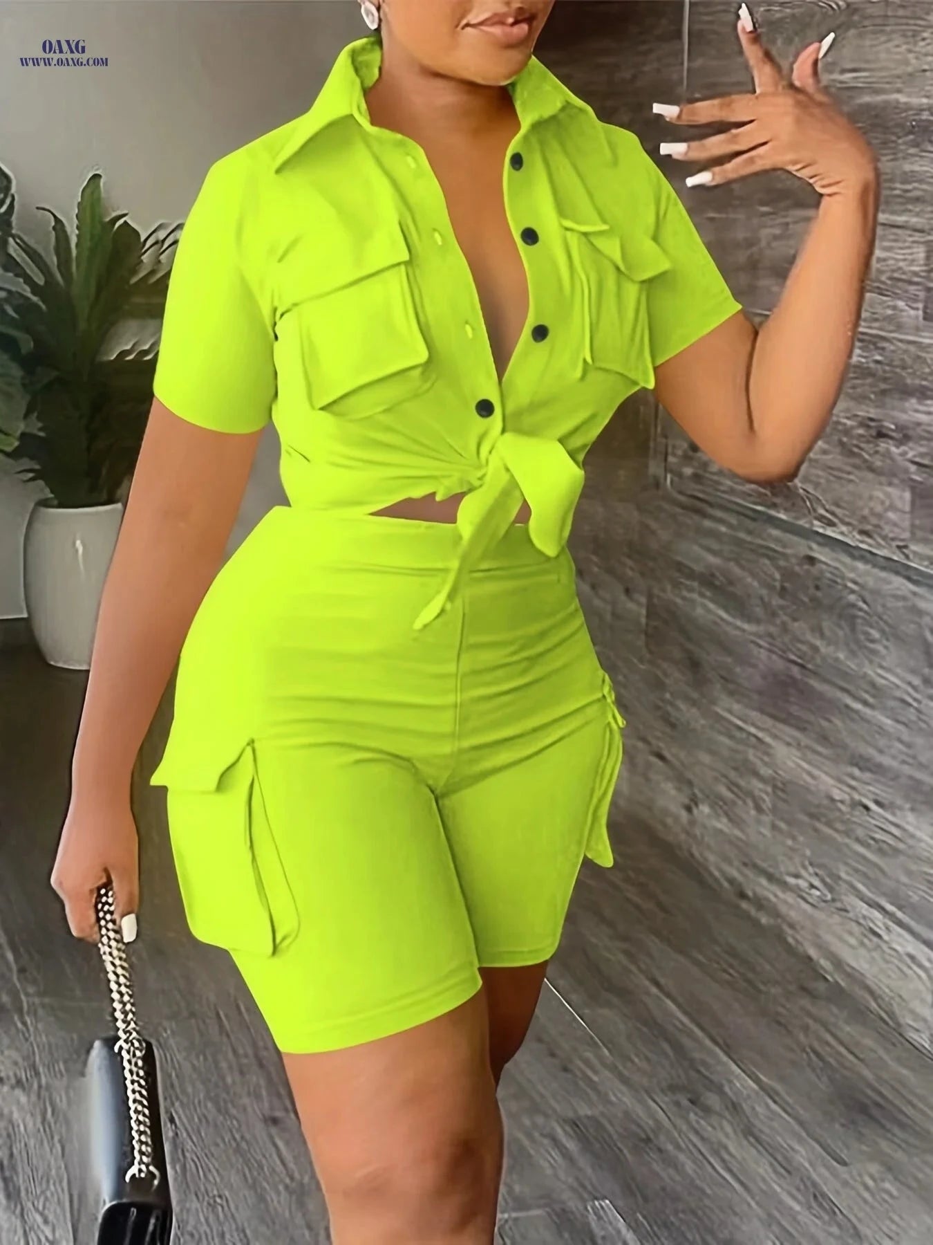 Urban Style Women's Short-Sleeve Shirt & Solid Color Shorts Set   OAXG Khaki / S
