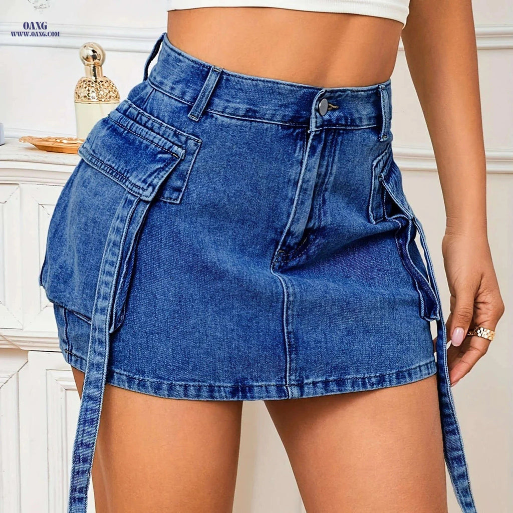 Utility Denim Mini Skirt - Stylish Non-Stretch Straight Cut   OAXG Royal Blue / XXS