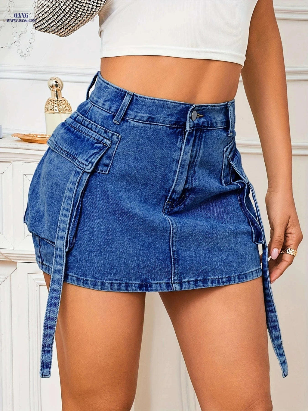 Utility Denim Mini Skirt - Stylish Non-Stretch Straight Cut   OAXG Royal Blue / XXS