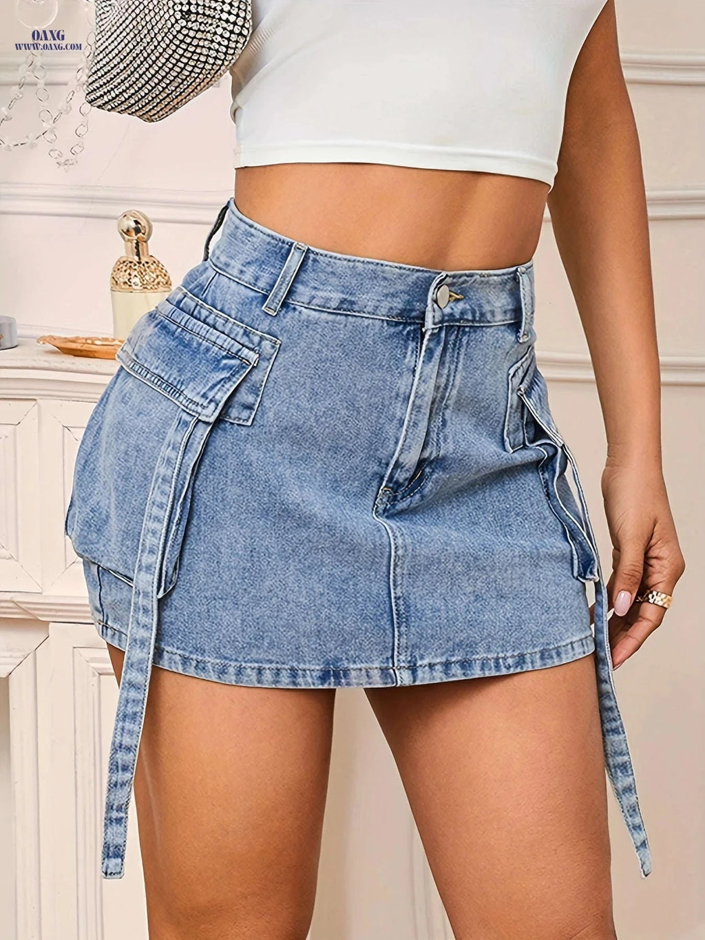 Utility Denim Mini Skirt - Stylish Non-Stretch Straight Cut   OAXG Royal Blue / XXS