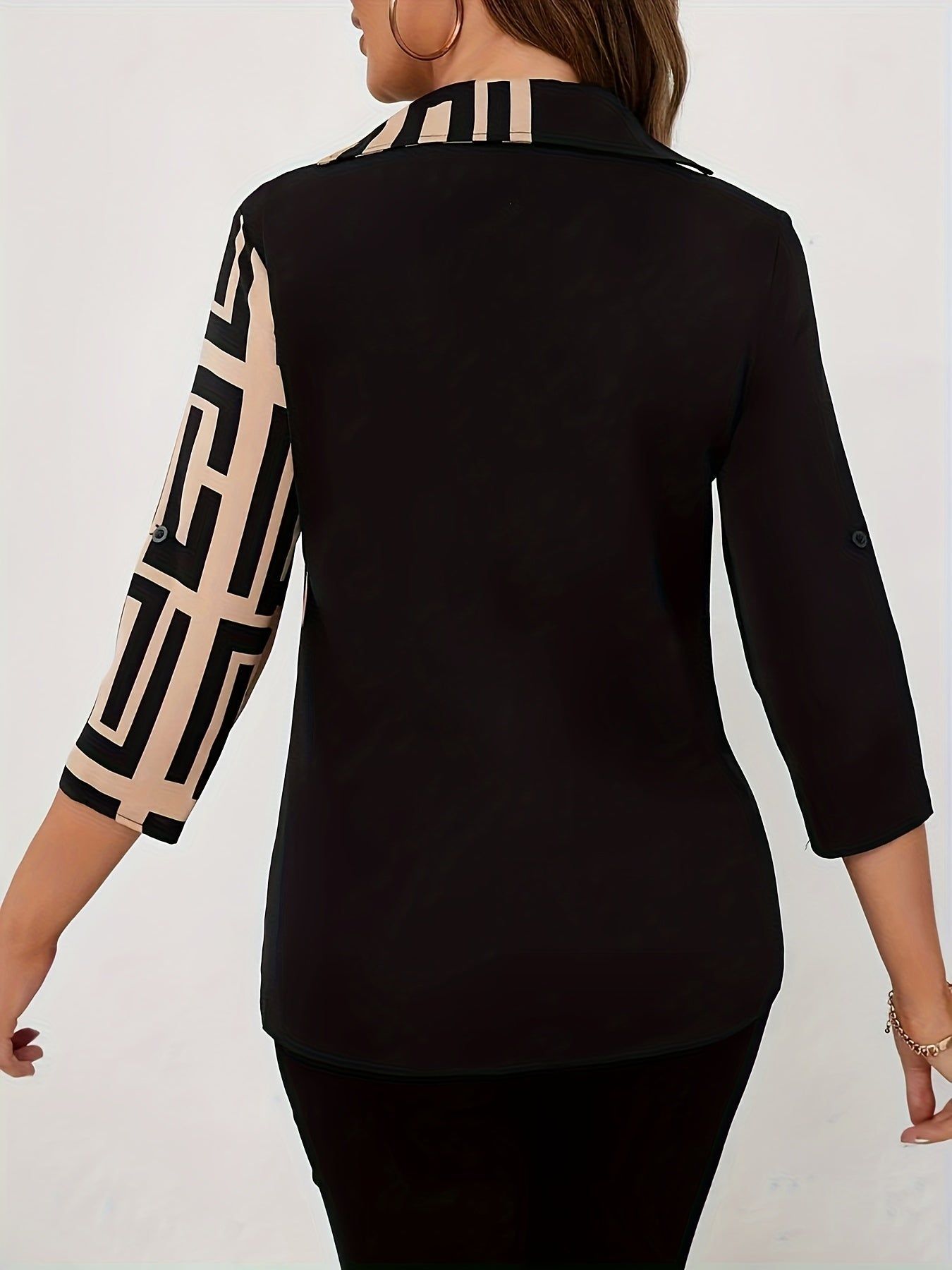 V-Neck Color Block Shirt, Spring/Summer Elegant 3/4 Sleeve Blouse for Women   OAXG Multicolor / S