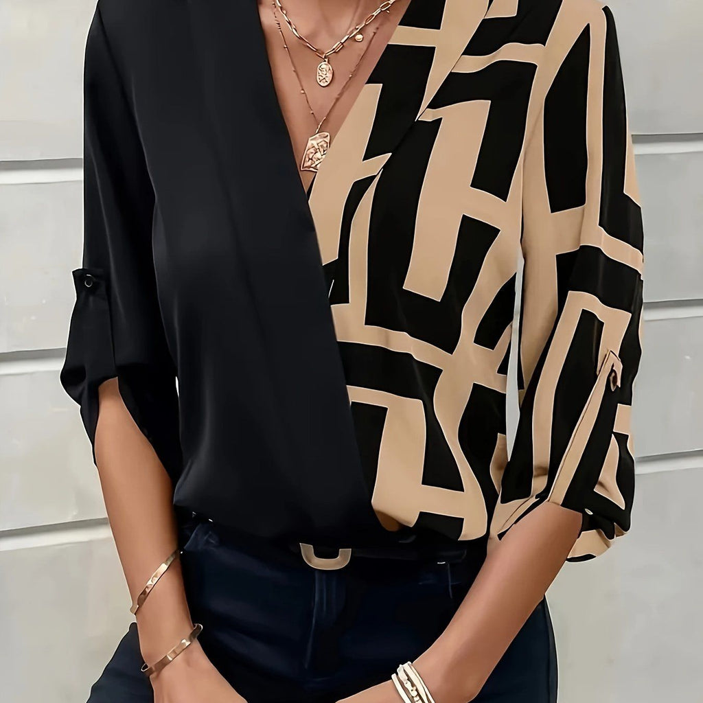 V-Neck Color Block Shirt, Spring/Summer Elegant 3/4 Sleeve Blouse for Women   OAXG Multicolor / S