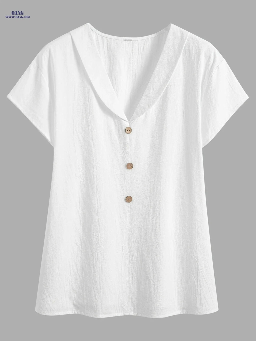 V-Neck Loose Pullover - Button Front Cotton Shirt for Casual Wear   OAXG White / S