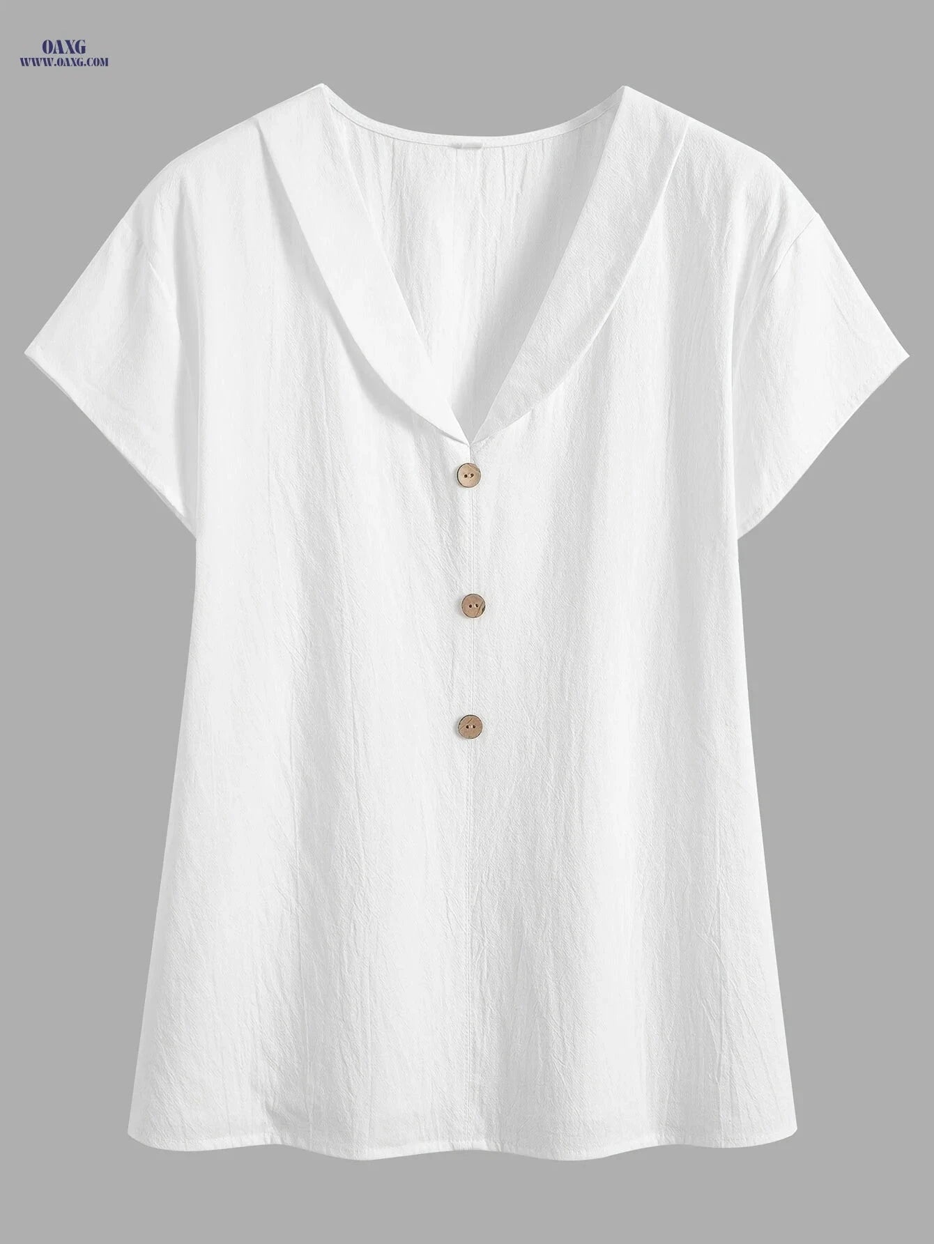 V-Neck Loose Pullover - Button Front Cotton Shirt for Casual Wear   OAXG White / S