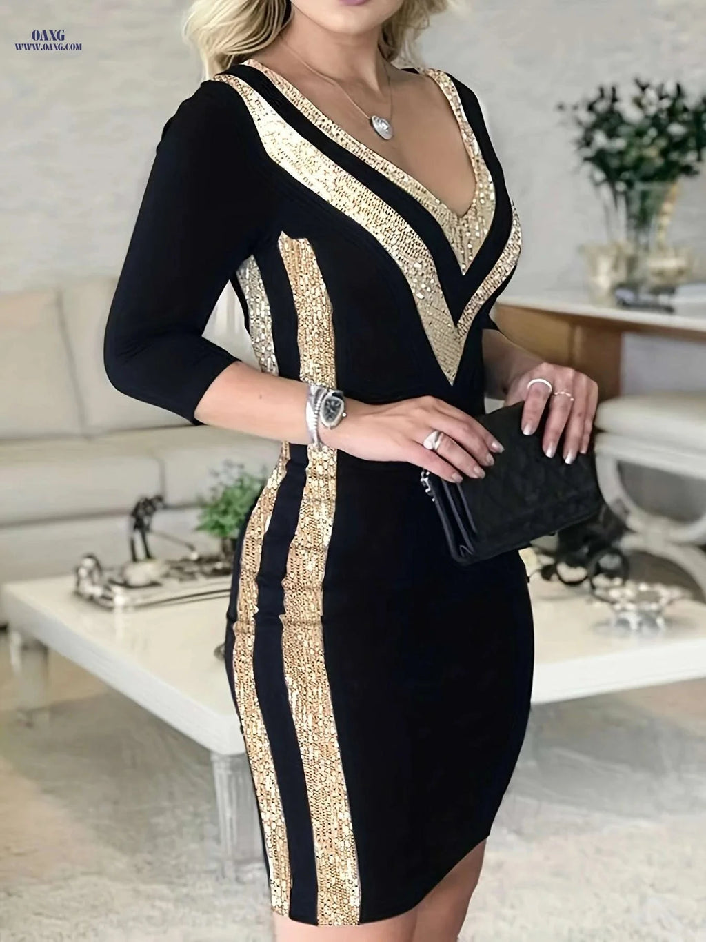 V-Neck Sequin Bodycon Dress - Perfect for Spring/Summer Vacations   OAXG Black / S