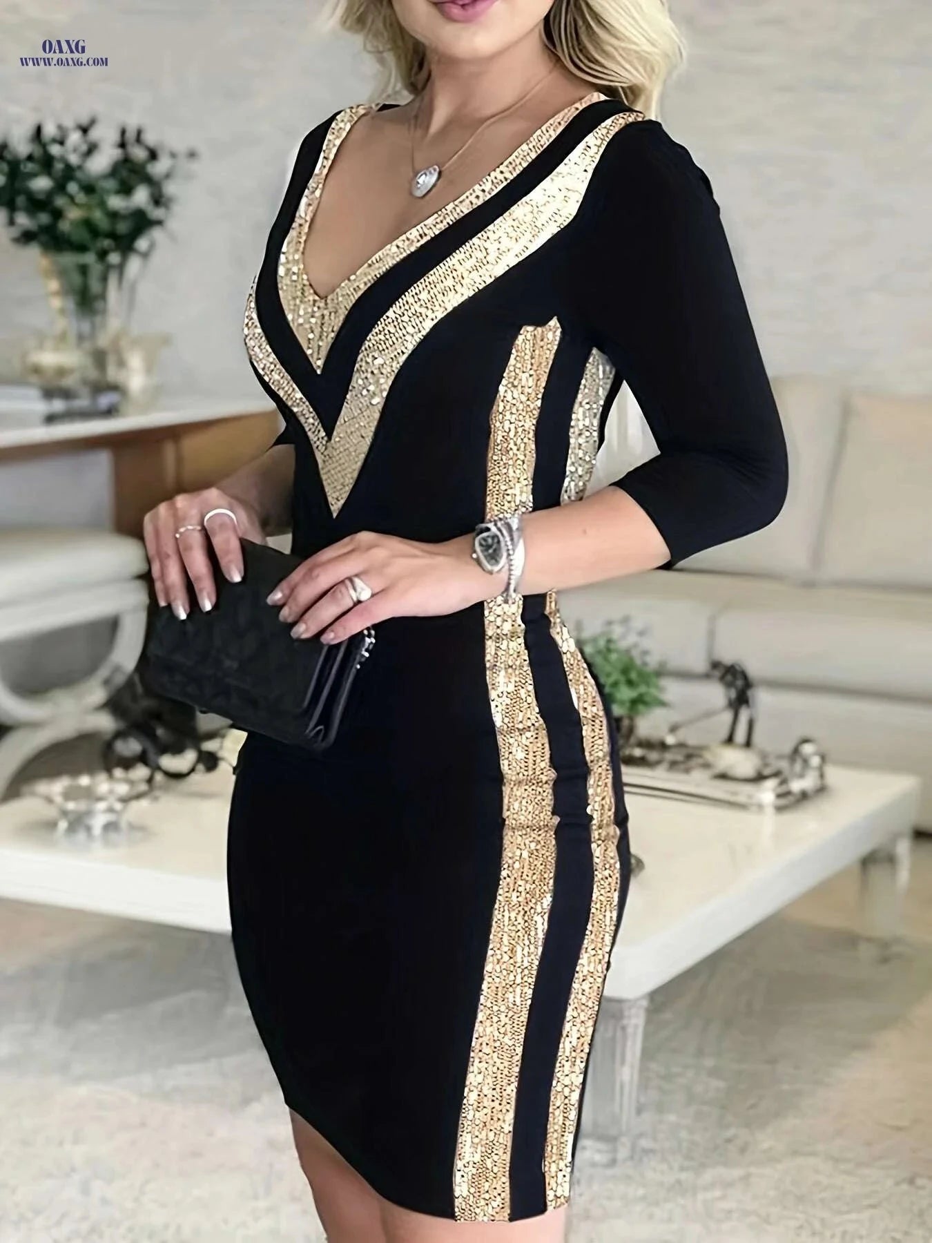 V-Neck Sequin Bodycon Dress - Perfect for Spring/Summer Vacations   OAXG Black / S