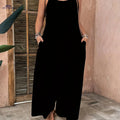 Vacation Leisure Jumpsuit - Loose Fit with Tie Closure, Solid Color   OAXG Black / XS