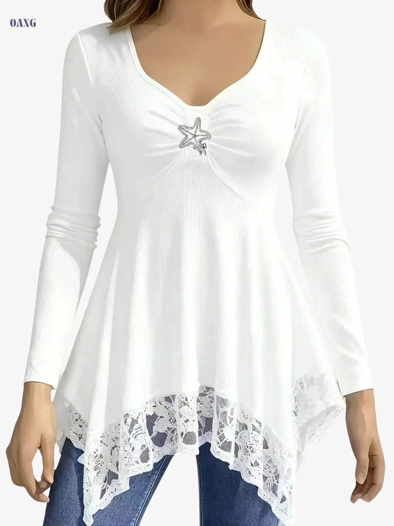 Vacation-Ready Women's Lace Hem T-Shirt - Solid Color, Irregular Design   OAXG 