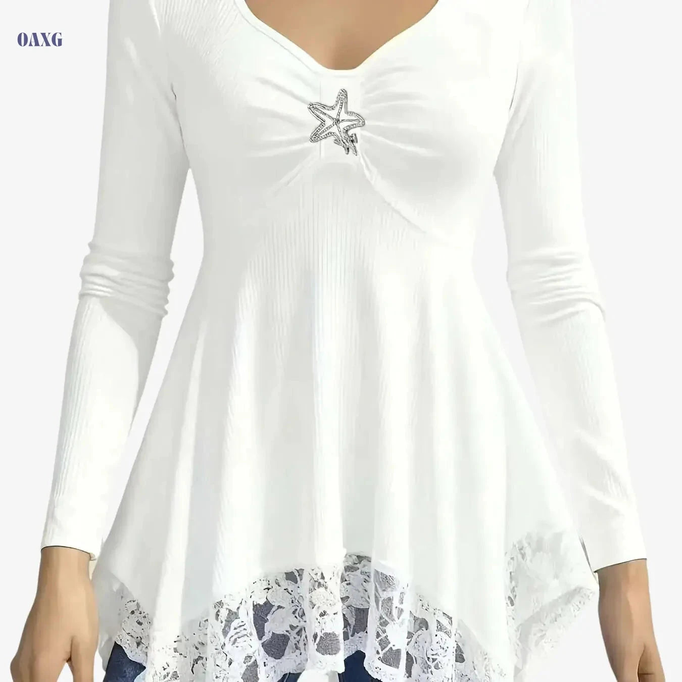 Vacation-Ready Women's Lace Hem T-Shirt - Solid Color, Irregular Design   OAXG White / S