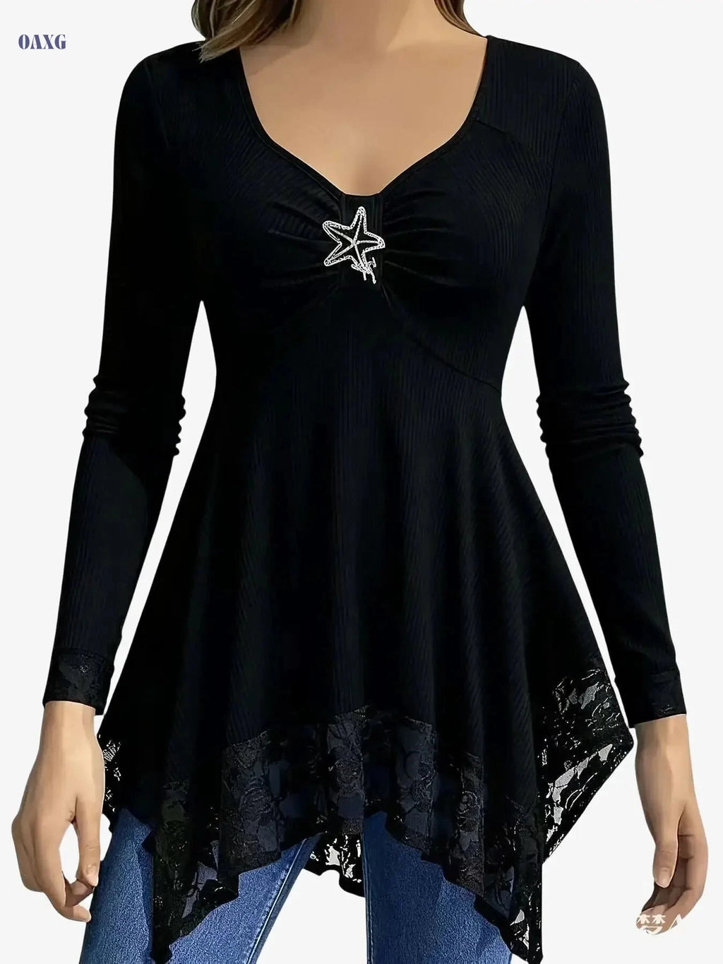 Vacation-Ready Women's Lace Hem T-Shirt - Solid Color, Irregular Design   OAXG White / S
