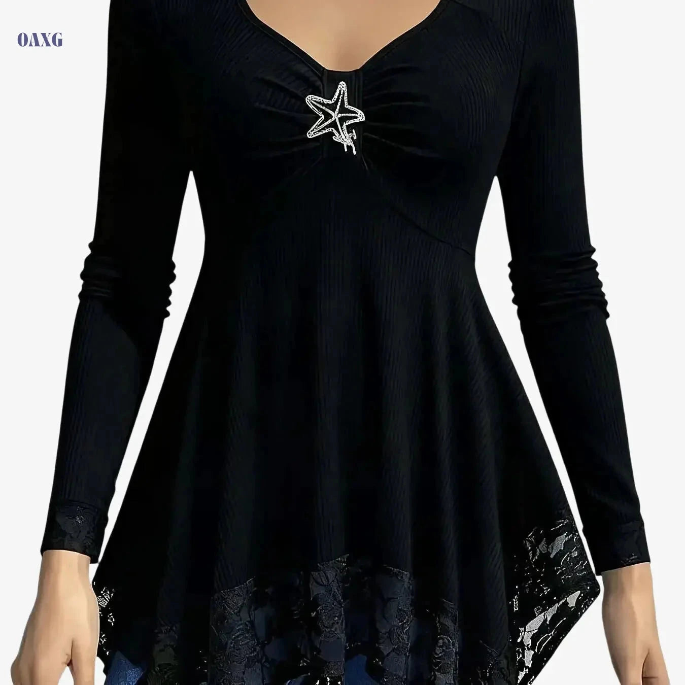 Vacation-Ready Women's Lace Hem T-Shirt - Solid Color, Irregular Design   OAXG White / S