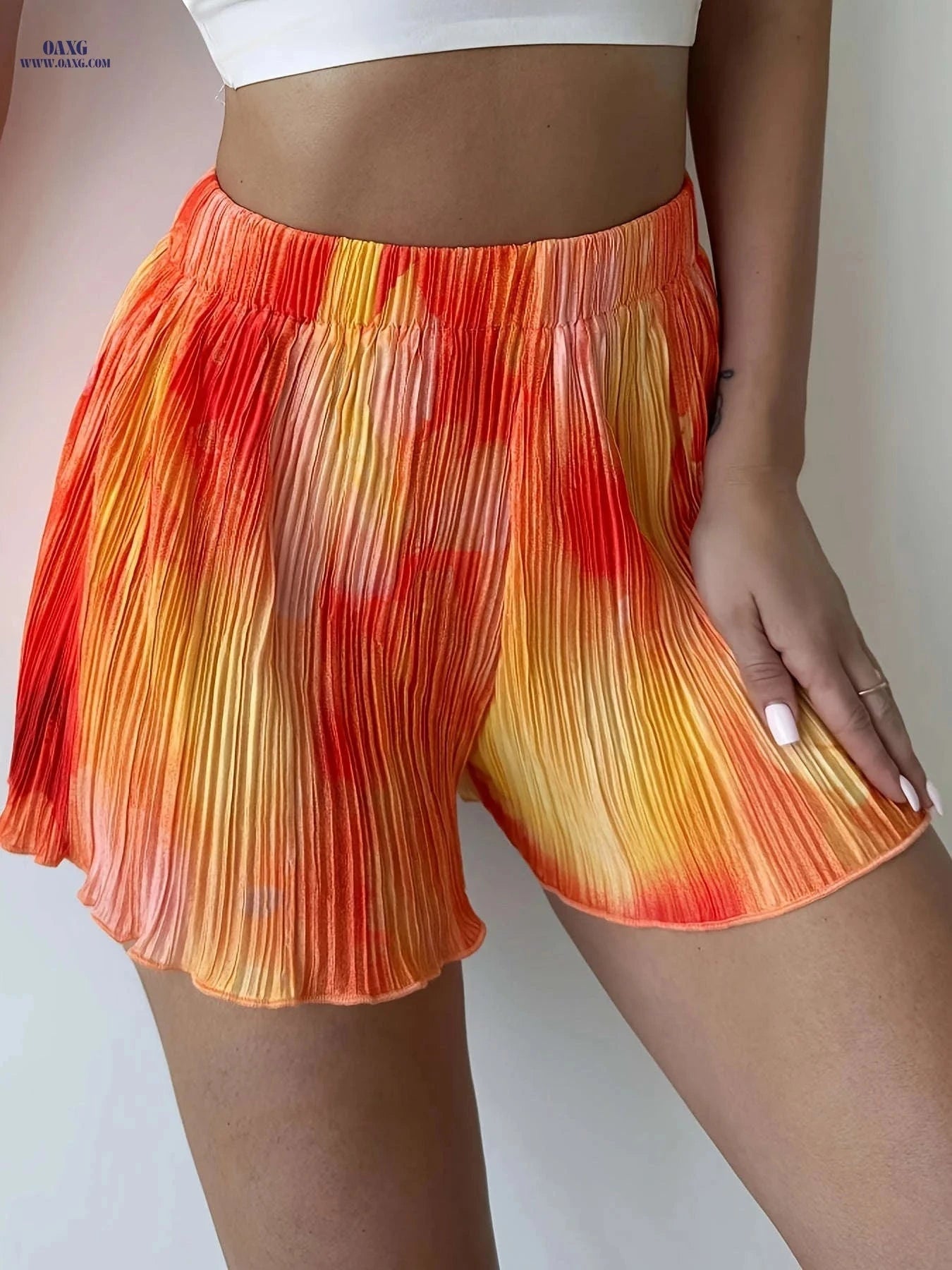 Vacation Style Orange Pleated Print Shorts - Casual Regular Fit   OAXG 
