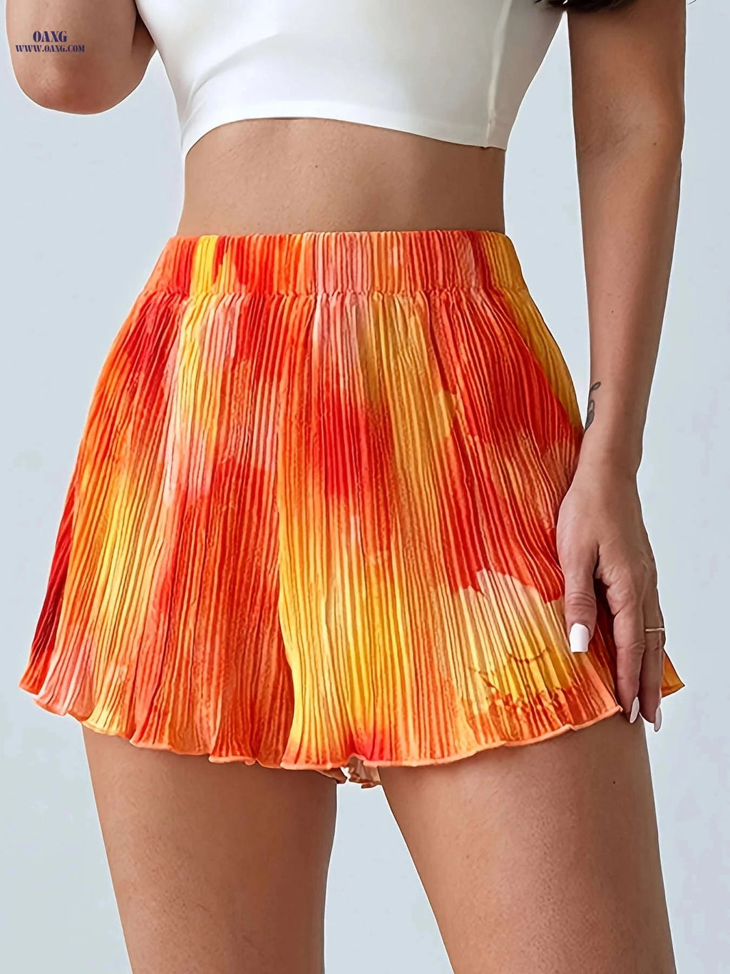 Vacation Style Orange Pleated Print Shorts - Casual Regular Fit   OAXG 