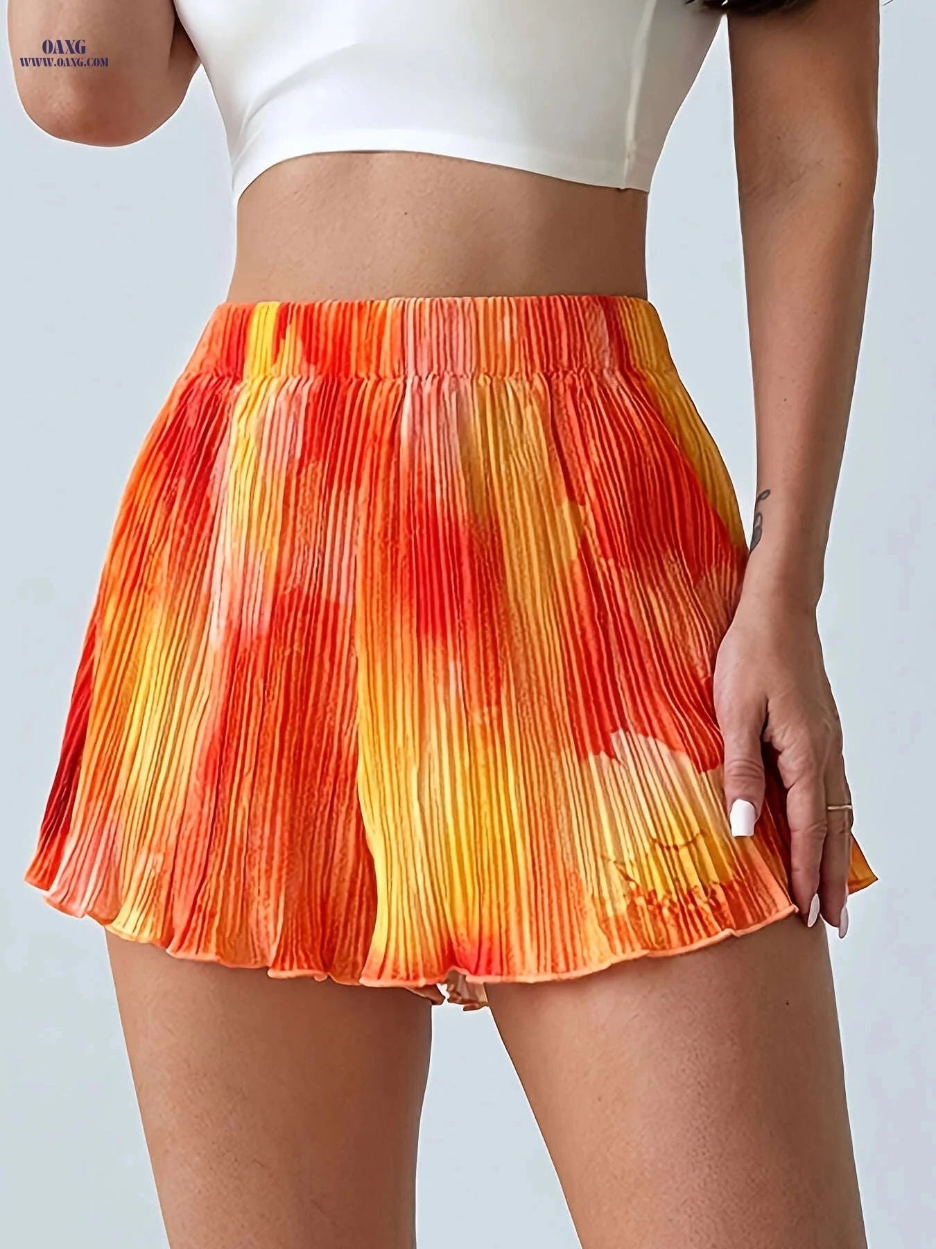 Vacation Style Orange Pleated Print Shorts - Casual Regular Fit   OAXG 