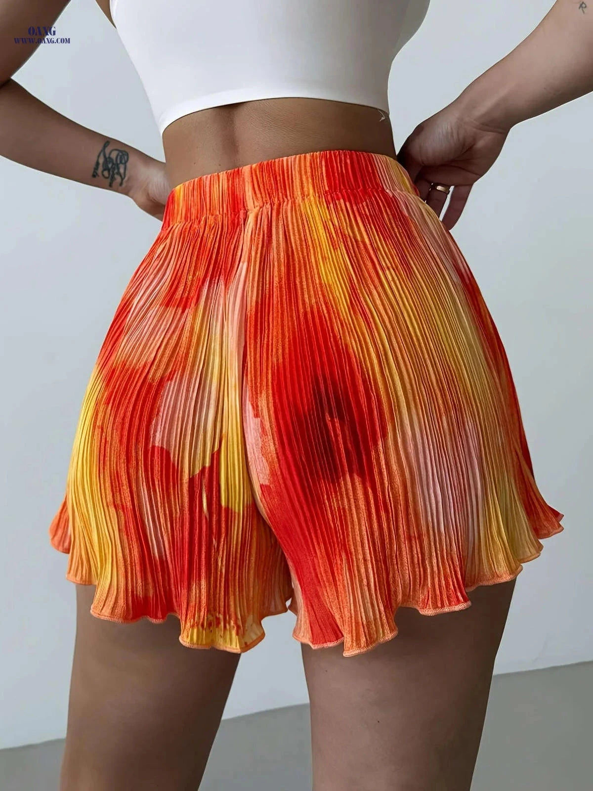 Vacation Style Orange Pleated Print Shorts - Casual Regular Fit   OAXG 