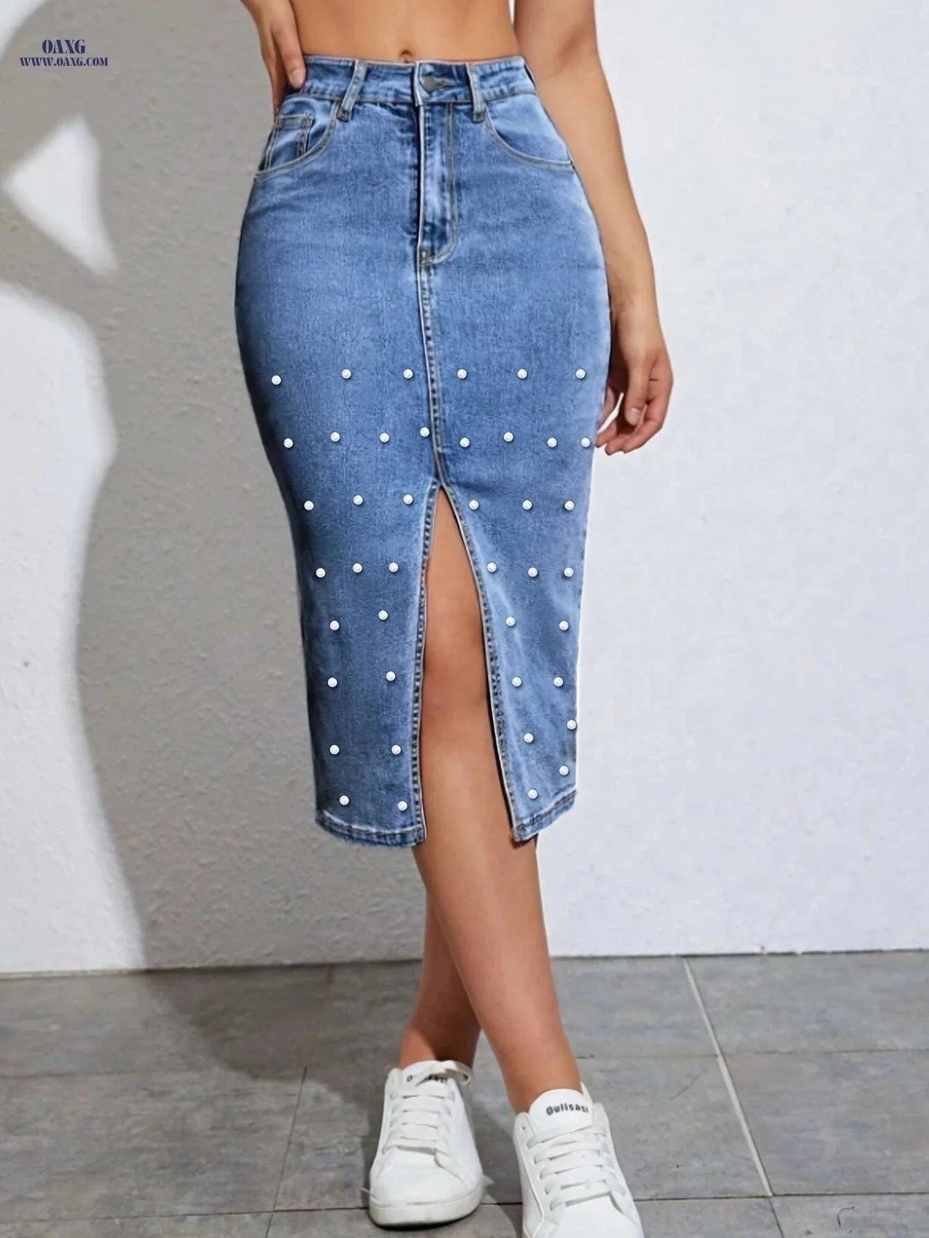 Versatile Beaded Skirt for Women - Stretchy Knee High Denim Fashion   OAXG Medium Blue / S