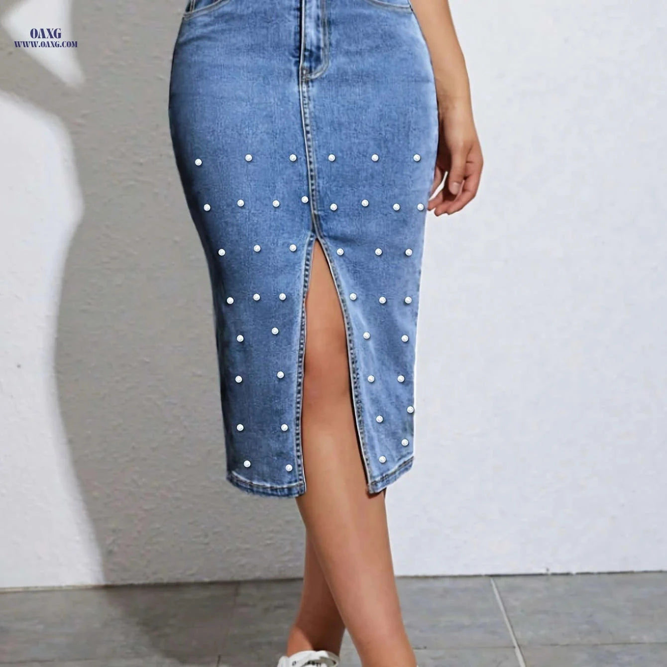 Versatile Beaded Skirt for Women - Stretchy Knee High Denim Fashion   OAXG Medium Blue / S