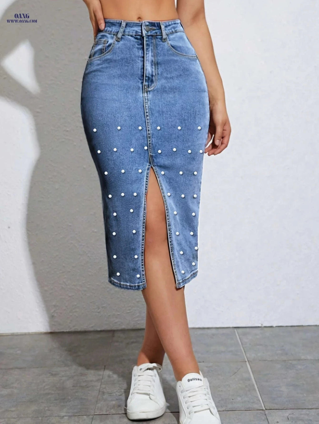 Versatile Beaded Skirt for Women - Stretchy Knee High Denim Fashion   OAXG Medium Blue / S