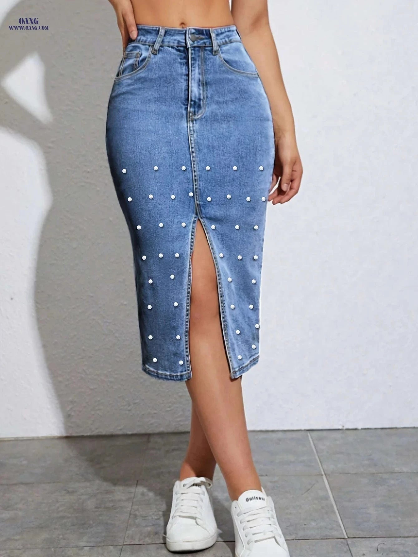 Versatile Beaded Skirt for Women - Stretchy Knee High Denim Fashion   OAXG Medium Blue / S