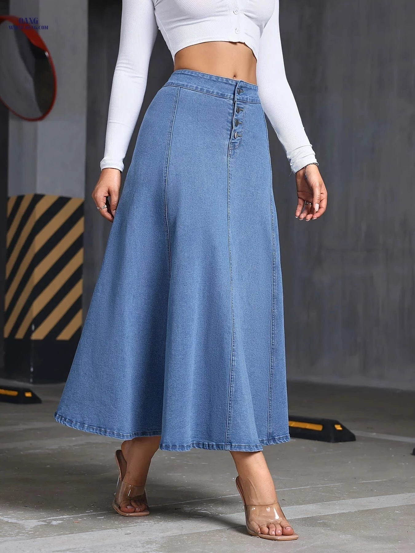 Versatile Women's Denim Skirt - Comfortable Midi Style with Button Design   OAXG Medium Blue / S