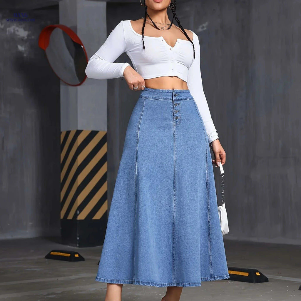 Versatile Women's Denim Skirt - Comfortable Midi Style with Button Design   OAXG Medium Blue / S