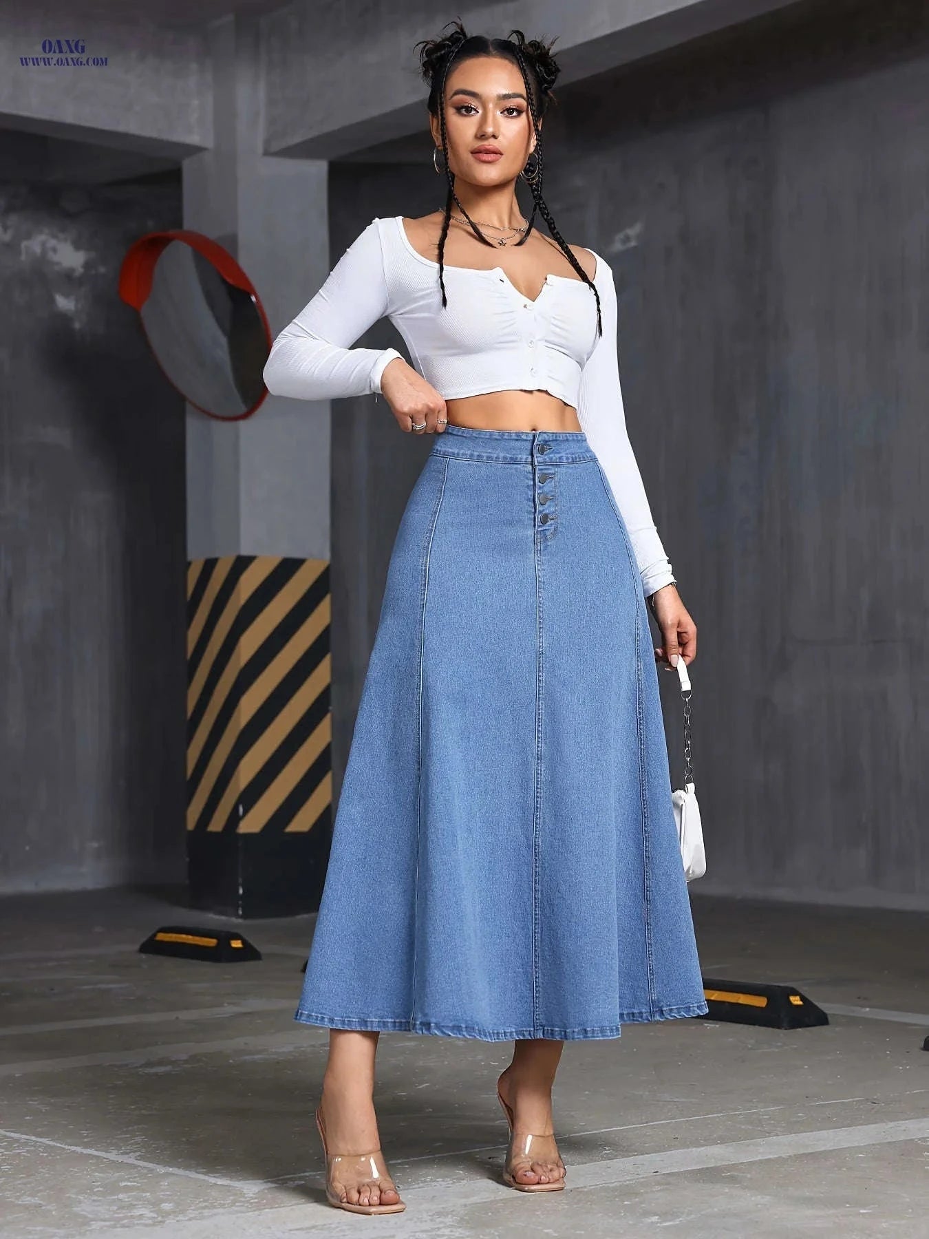 Versatile Women's Denim Skirt - Comfortable Midi Style with Button Design   OAXG Medium Blue / S