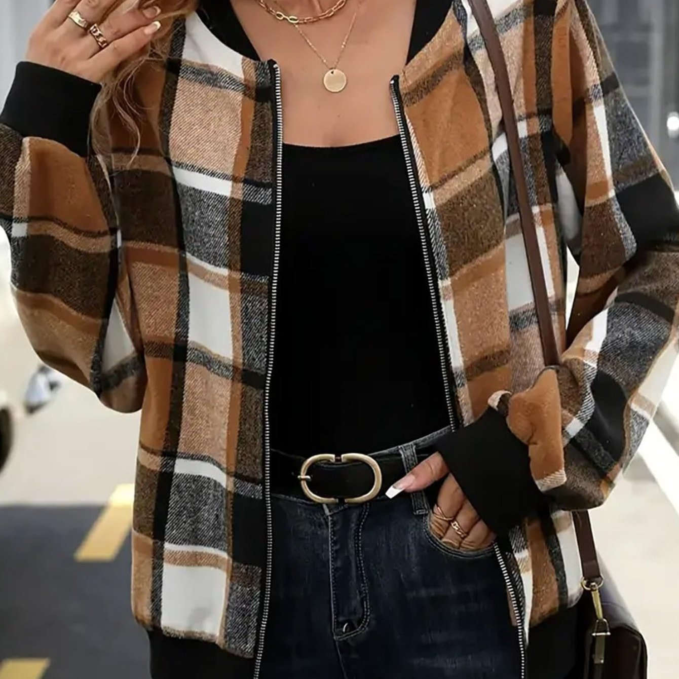 Veste Automne/Hiver à Carreaux - Veste Baseball Femme Zippée   OAXG 