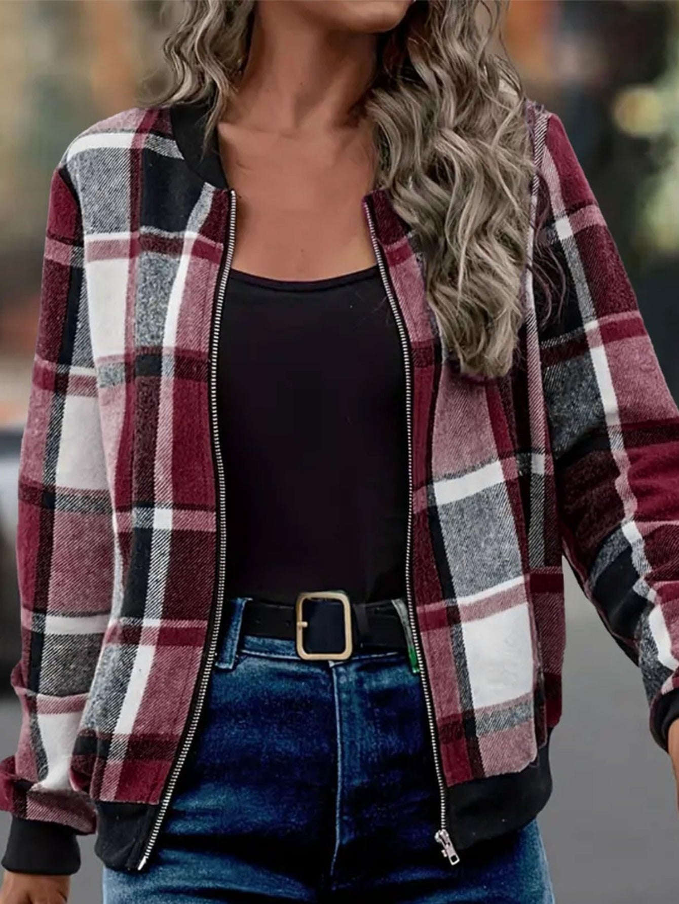 Veste Automne/Hiver à Carreaux - Veste Baseball Femme Zippée   OAXG 