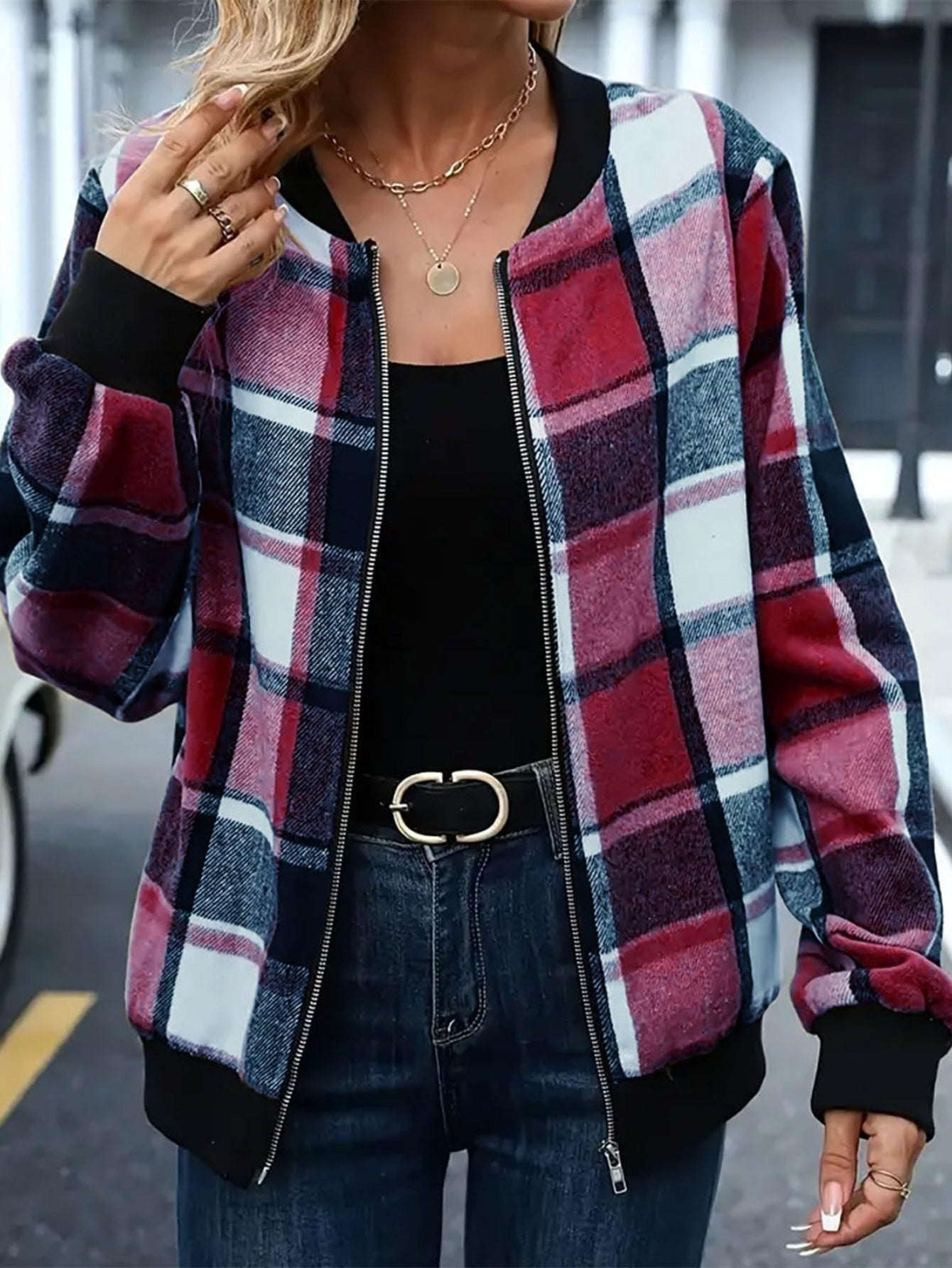 Veste Automne/Hiver à Carreaux - Veste Baseball Femme Zippée   OAXG 