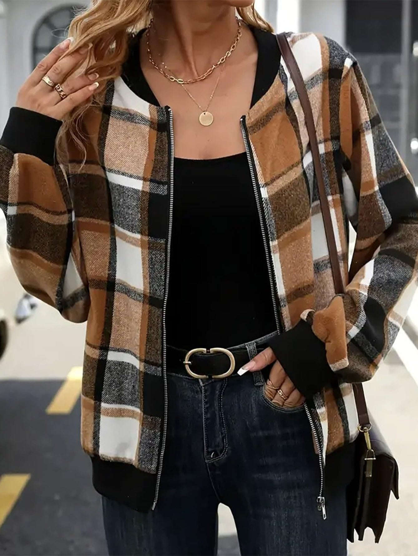 Veste Automne/Hiver à Carreaux - Veste Baseball Femme Zippée   OAXG 