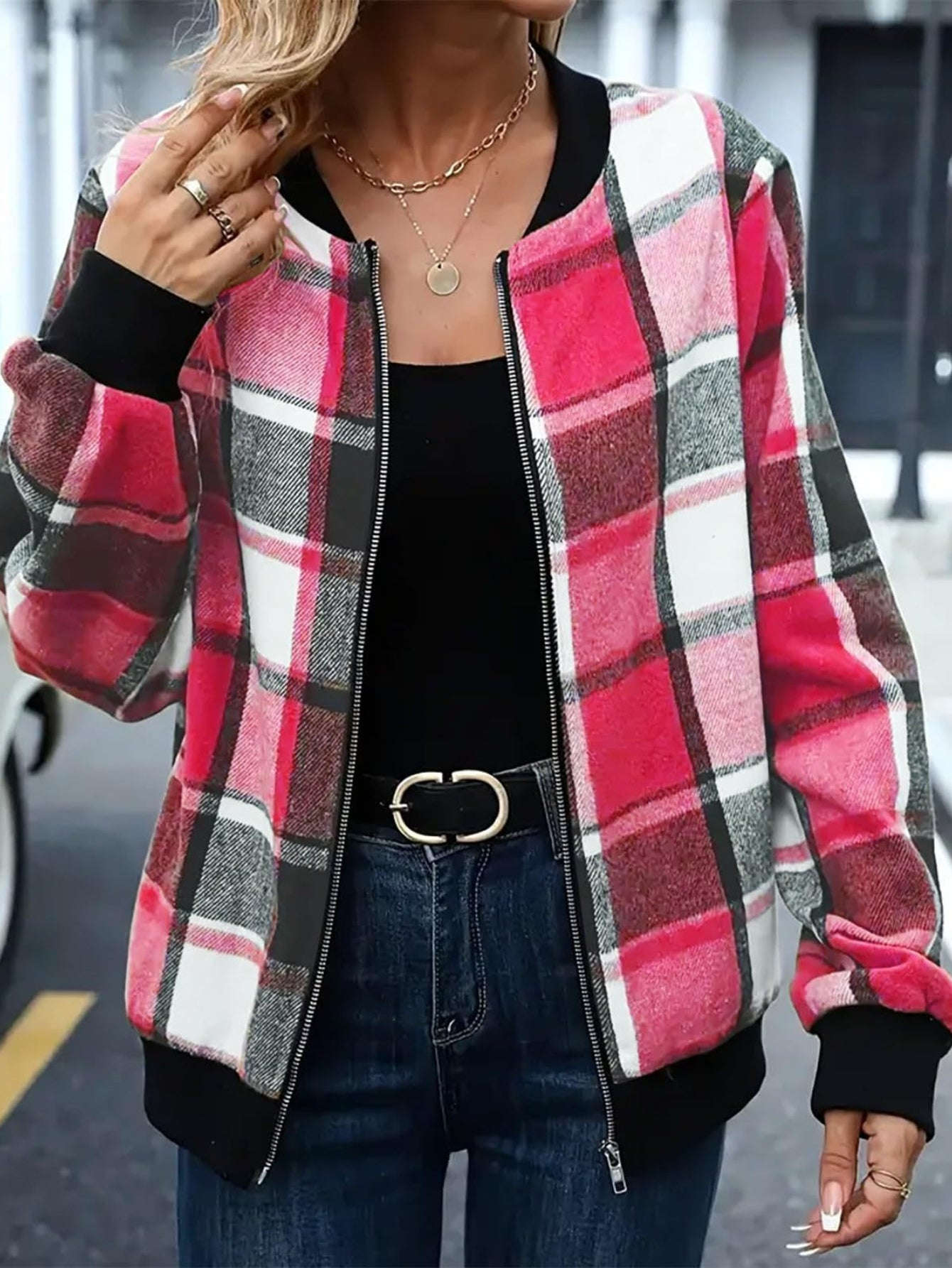 Veste Automne/Hiver à Carreaux - Veste Baseball Femme Zippée   OAXG crimson / S