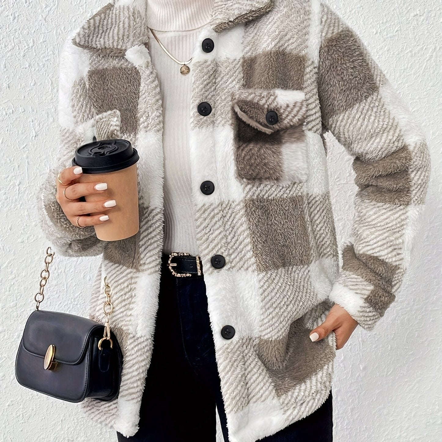 Veste d'Hiver Douillette Checkered - Élasticité Haute, Lavable en Machine   OAXG Granny Gray / S