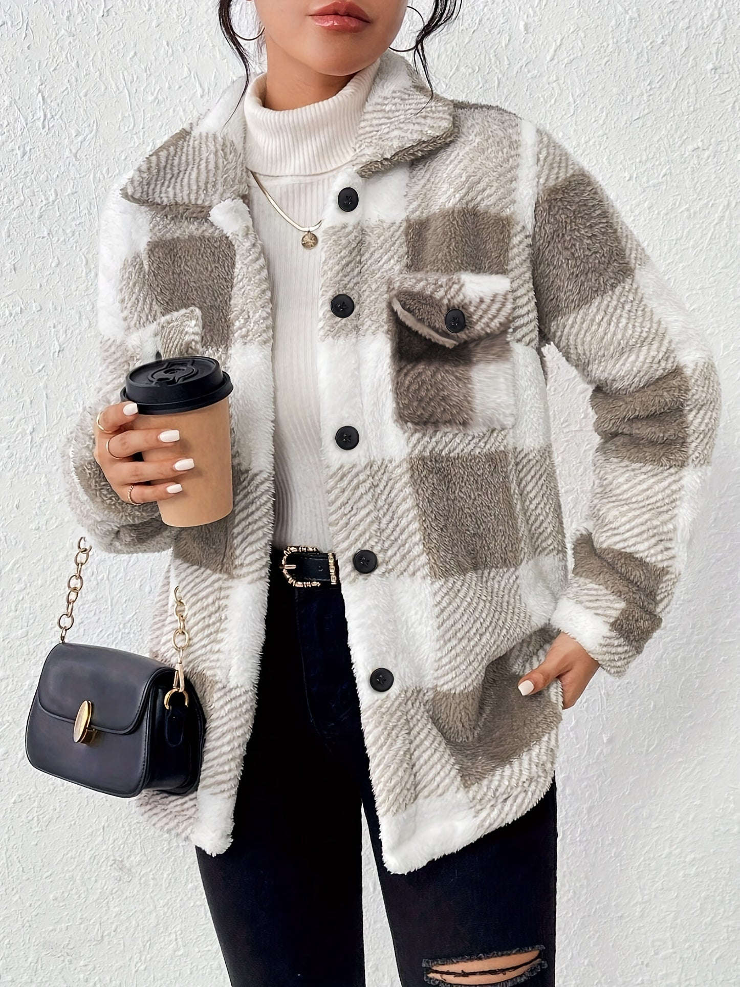 Veste d'Hiver Douillette Checkered - Élasticité Haute, Lavable en Machine   OAXG Granny Gray / S
