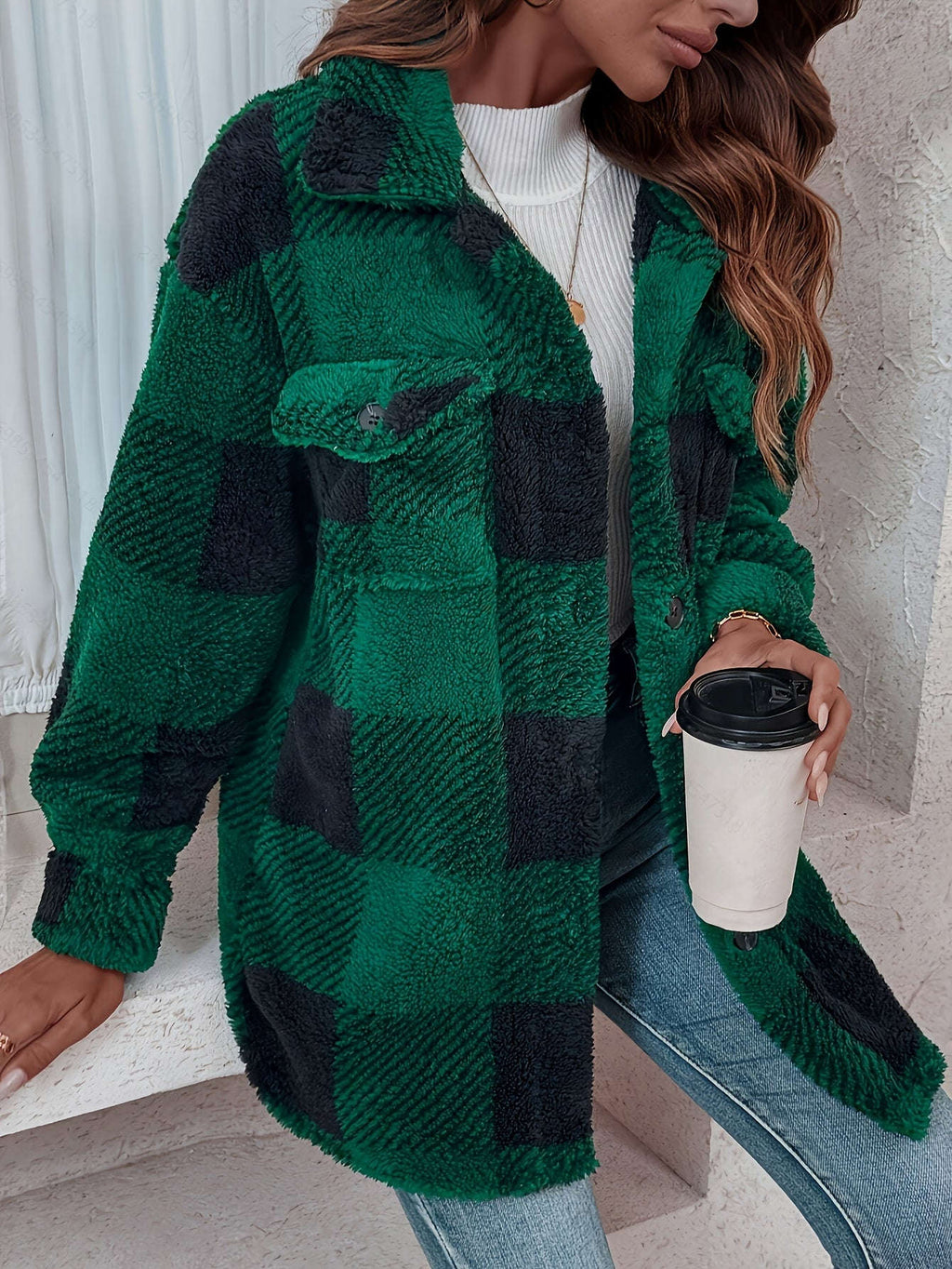 Veste d'Hiver Douillette Checkered - Élasticité Haute, Lavable en Machine   OAXG Granny Gray / S