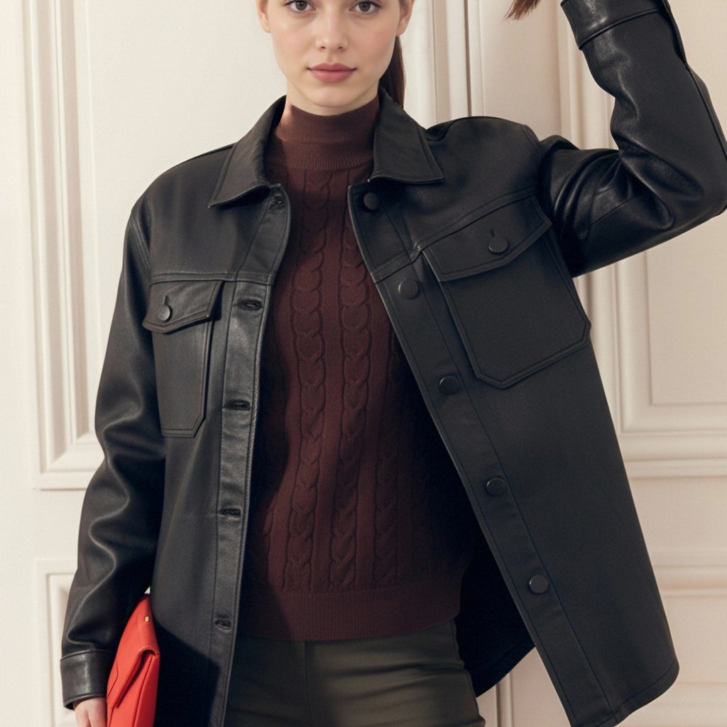 Veste en Cuir Synthétique Noir pour Femmes - Blazer Élégant à Poches   OAXG 