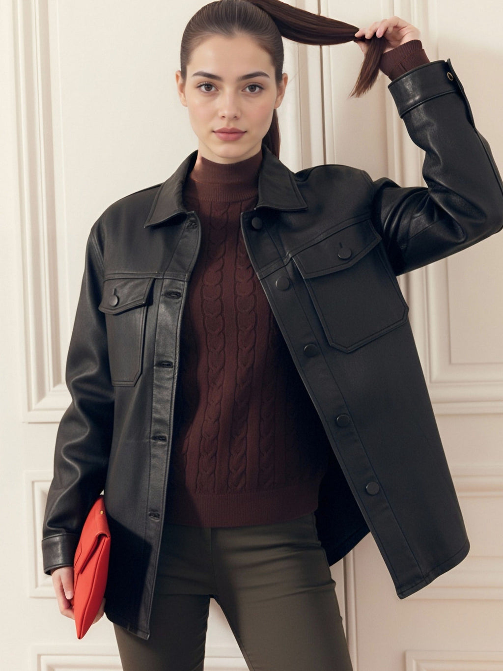 Veste en Cuir Synthétique Noir pour Femmes - Blazer Élégant à Poches   OAXG 