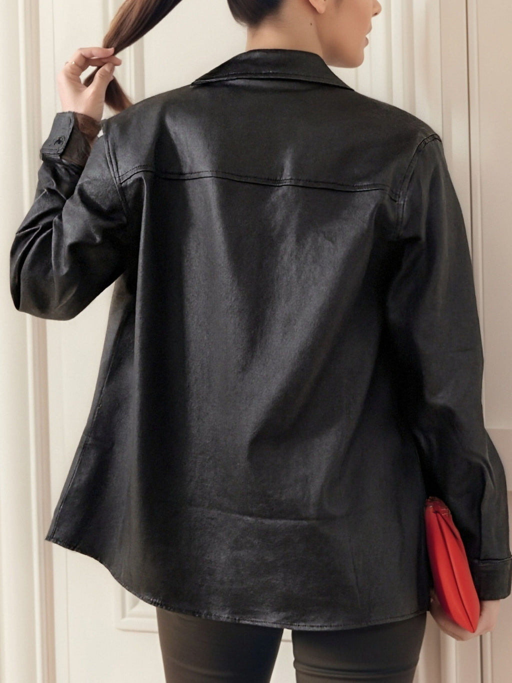 Veste en Cuir Synthétique Noir pour Femmes - Blazer Élégant à Poches   OAXG Black / S