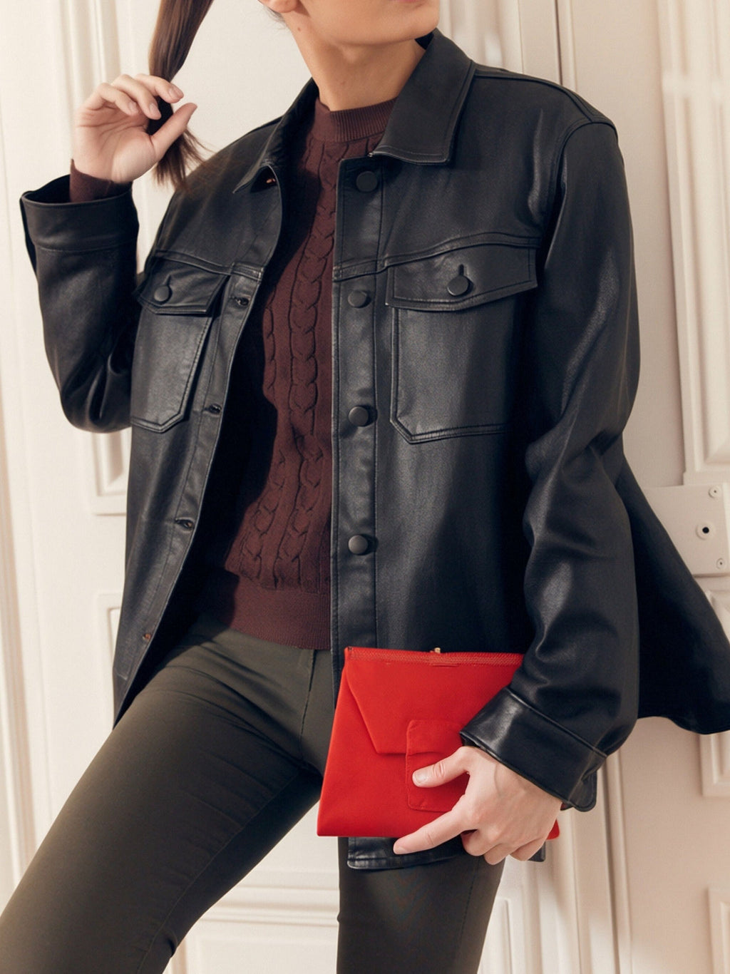 Veste en Cuir Synthétique Noir pour Femmes - Blazer Élégant à Poches   OAXG Black / S