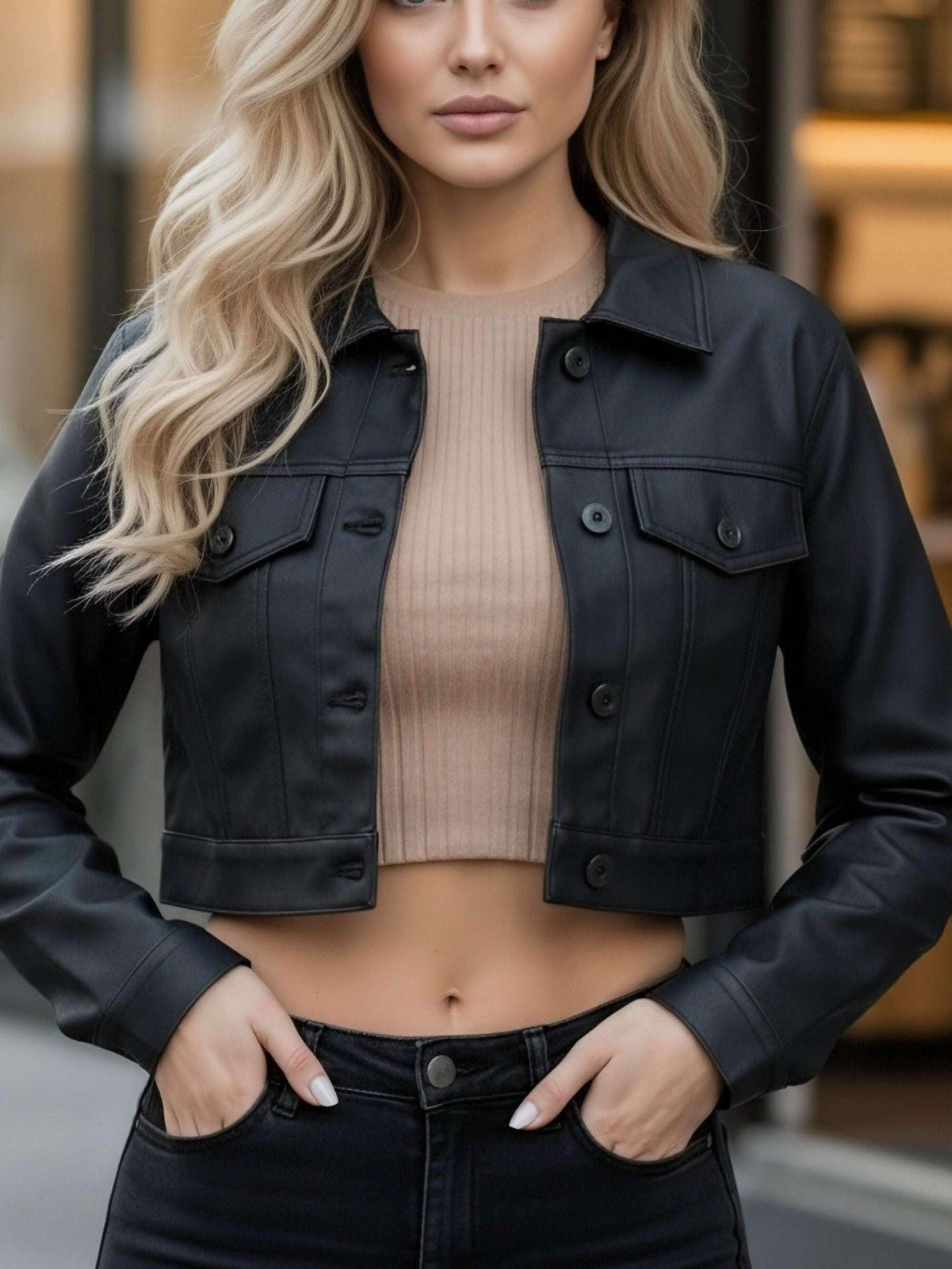 Veste en Simili Cuir Femme Minimaliste - Élégance et Style   OAXG Black / S