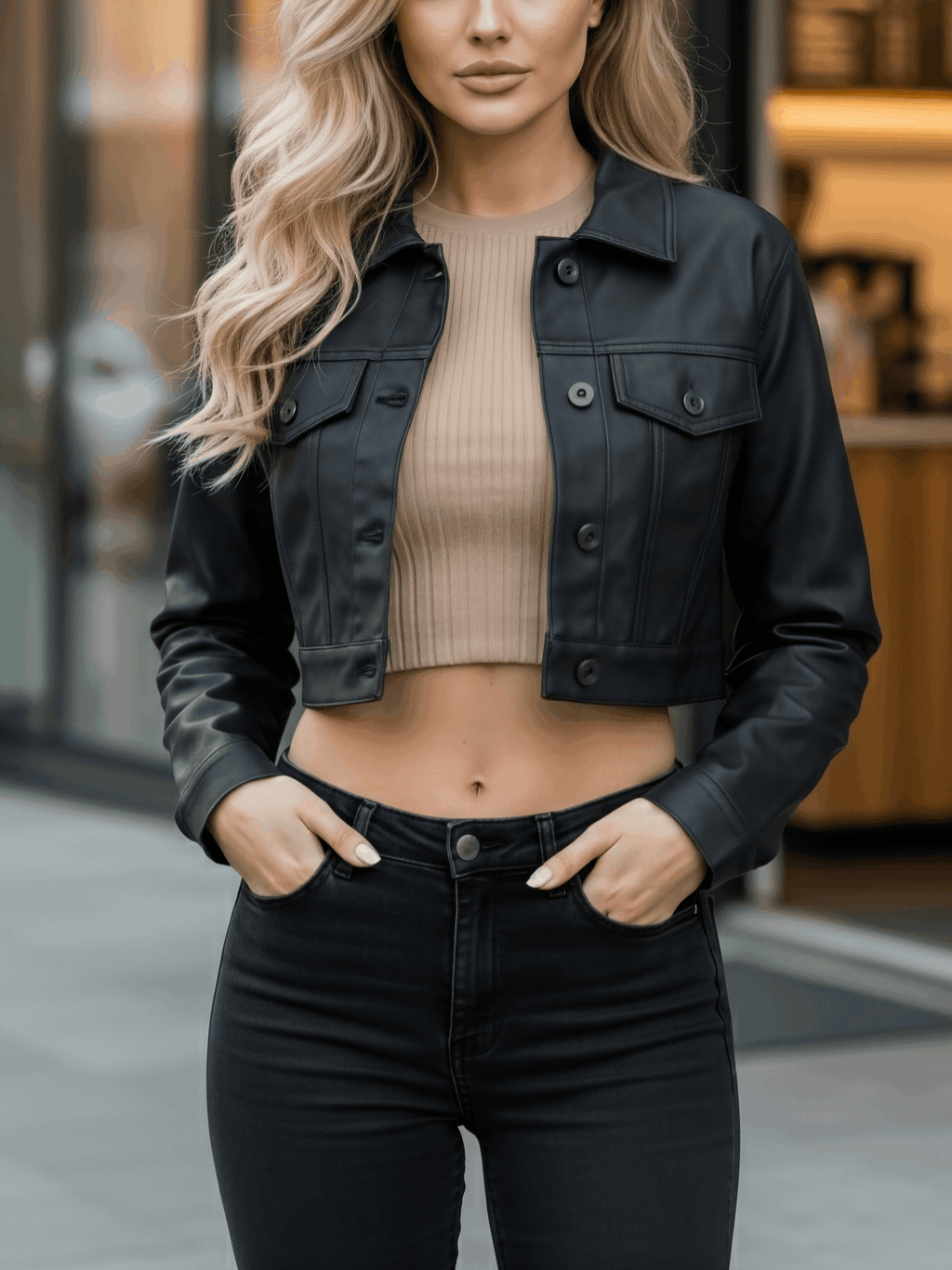 Veste en Simili Cuir Femme Minimaliste - Élégance et Style   OAXG 