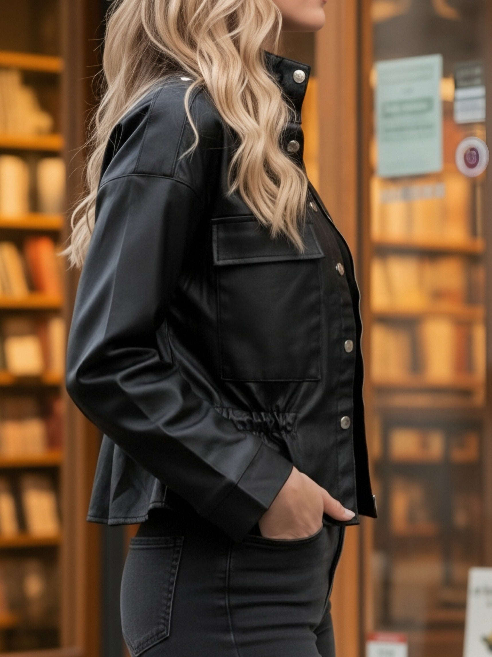 Veste Femme en Simili Cuir Noir - Style Sexy, Manches Régulières   OAXG Black / S